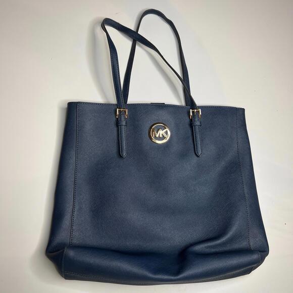Michael Kors Jet Set Tote Bag Navy Blue Saffiano Leather Gold Logo - Picture 1 of 10